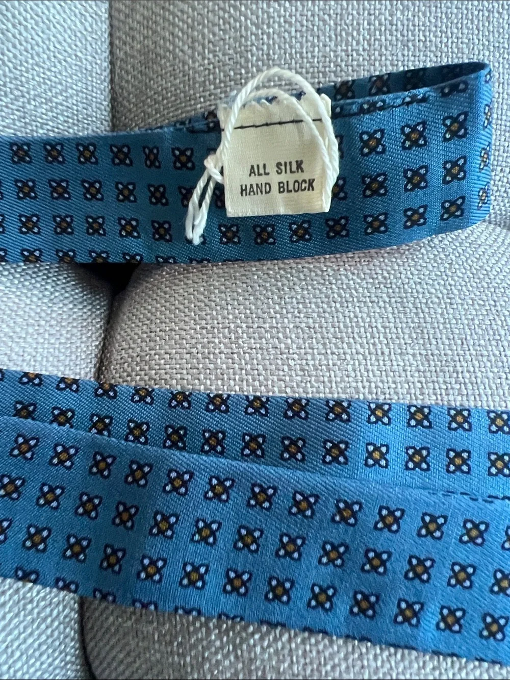 Vintage Light Blue Silk Tie Navy Gold Floral Geometric Pattern